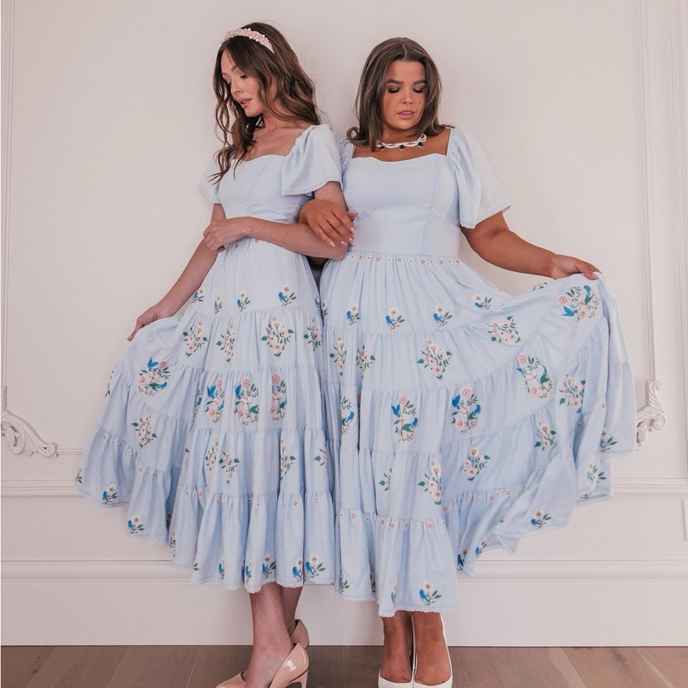 EUC JessaKae Ella size 4x Blue Floral Tiered Midi Dress with Puff Sleeves